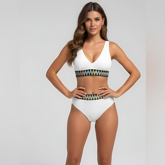 White Sparkle Chevron High Waist Bikini Swimsuit - Picture 3 of 7